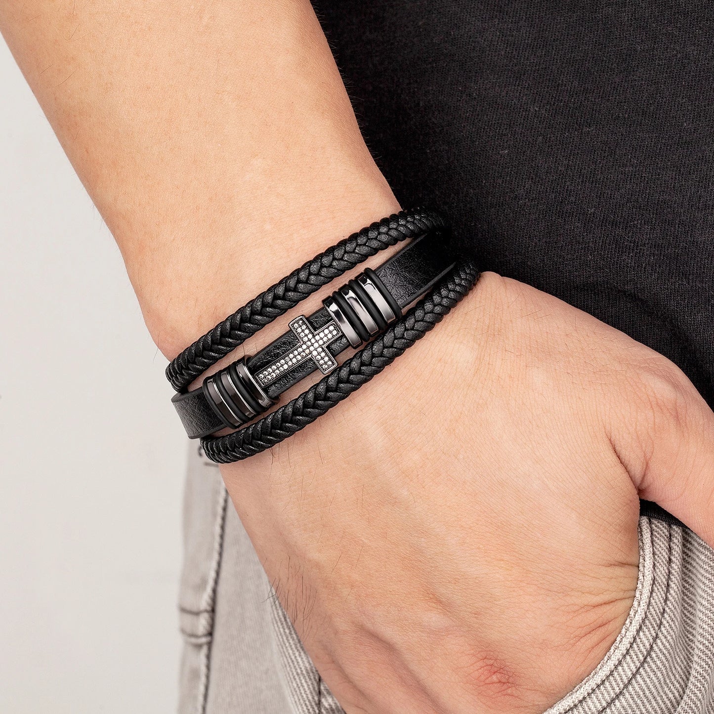 Multilayer Men's Leather and CZ Bracelet with Cross