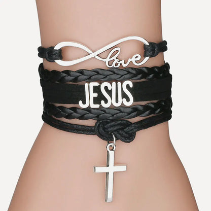 Multilayer Leather Bracelet Cross, Jesus, Infinite Love