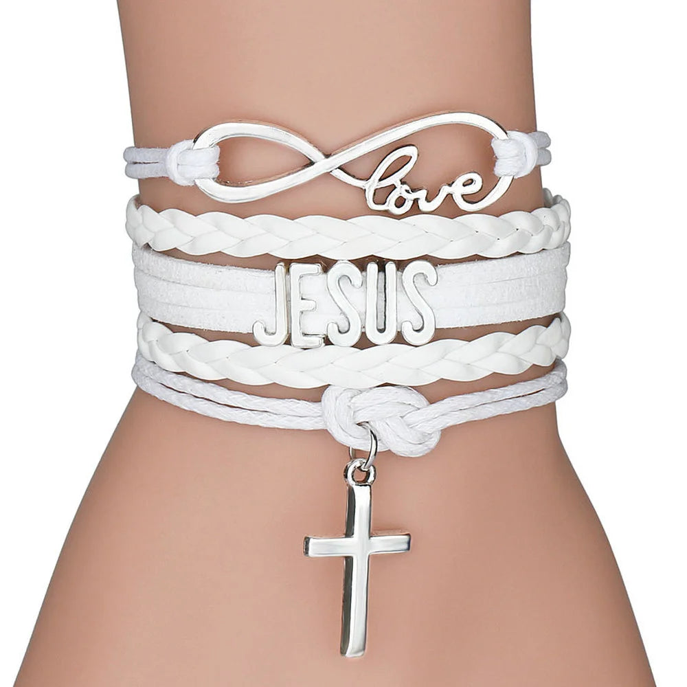 Multilayer Leather Bracelet Cross, Jesus, Infinite Love