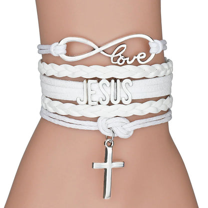 Multilayer Leather Bracelet Cross, Jesus, Infinite Love