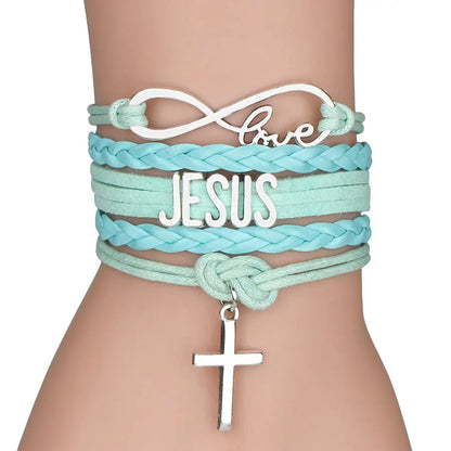 Multilayer Leather Bracelet Cross, Jesus, Infinite Love