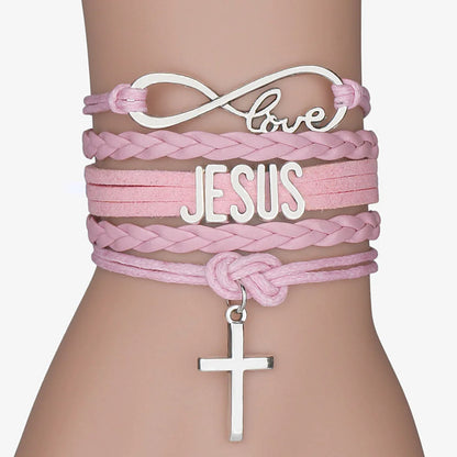 Multilayer Leather Bracelet Cross, Jesus, Infinite Love