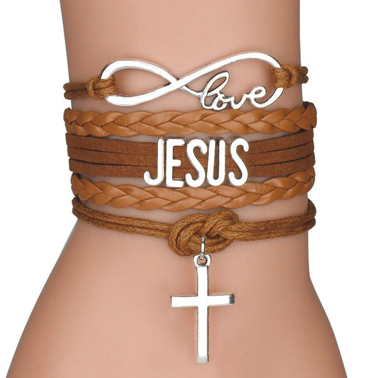 Multilayer Leather Bracelet Cross, Jesus, Infinite Love