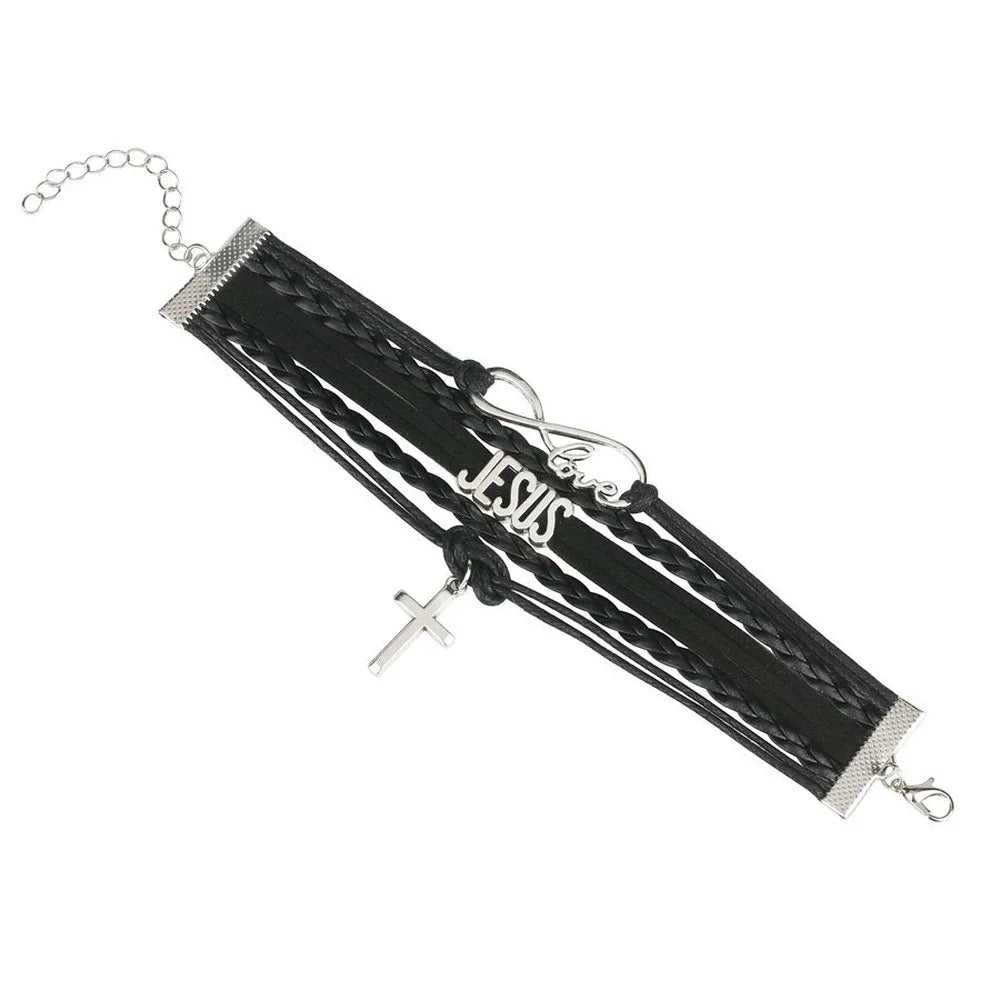 Multilayer Leather Bracelet Cross, Jesus, Infinite Love