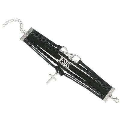 Multilayer Leather Bracelet Cross, Jesus, Infinite Love