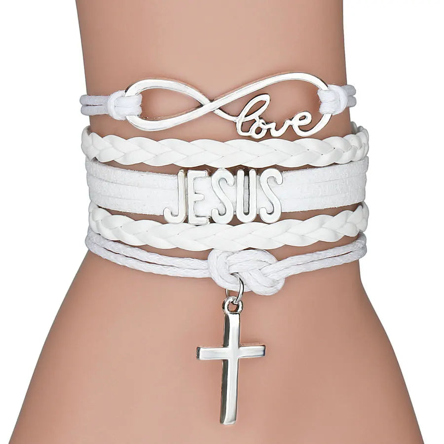 Multilayer Leather Bracelet Cross, Jesus, Infinite Love