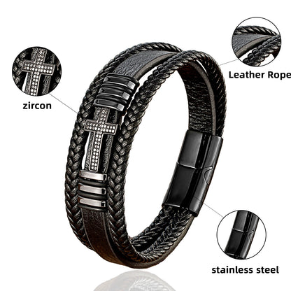 Multilayer Men's Leather and CZ Bracelet with Cross