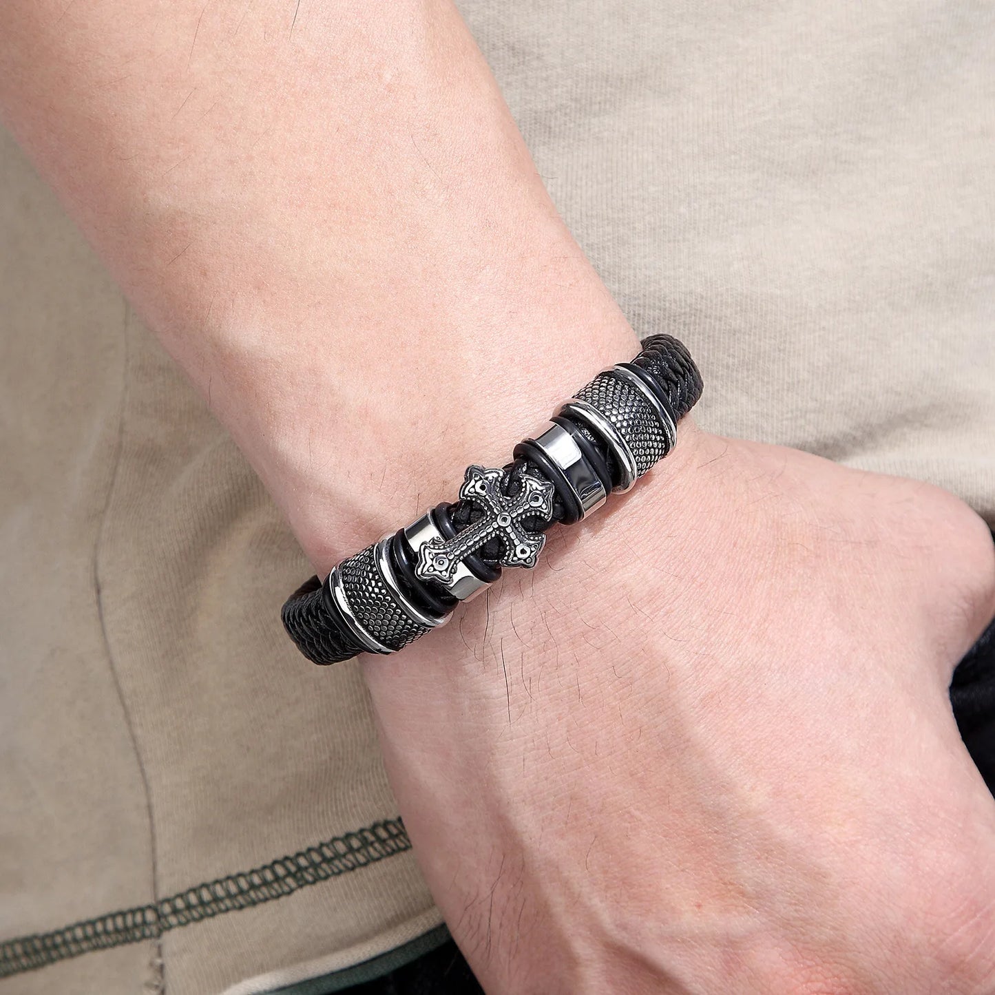 Men's Leather Weave Bracelet - Cross