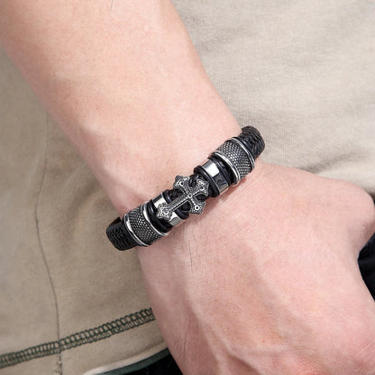 Men's Leather Weave Bracelet - Cross