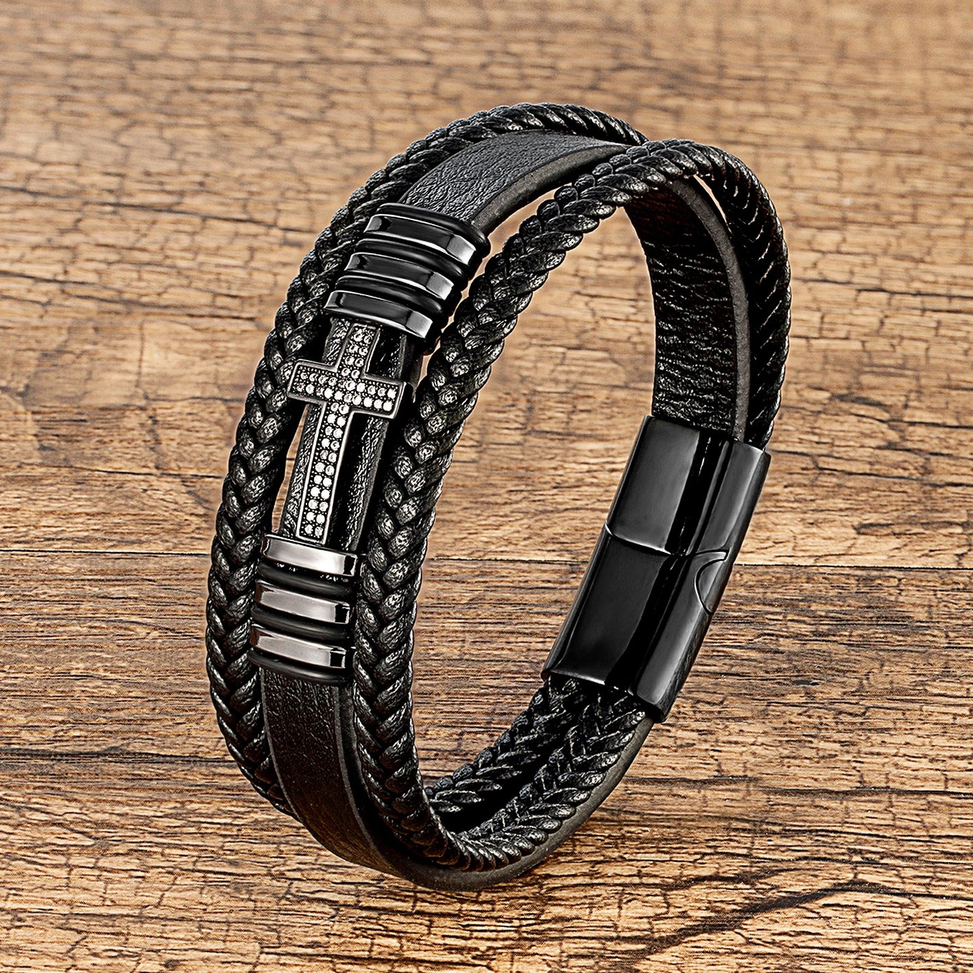 Multilayer Men's Leather and CZ Bracelet with Cross