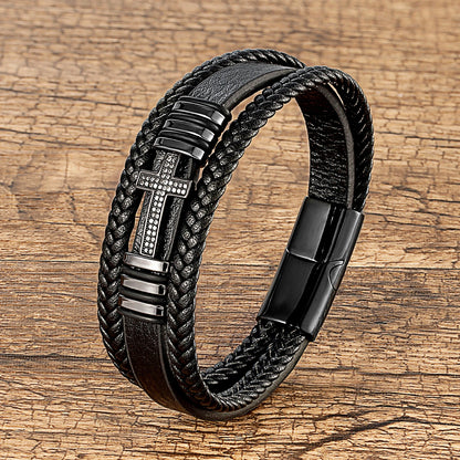 Multilayer Men's Leather and CZ Bracelet with Cross