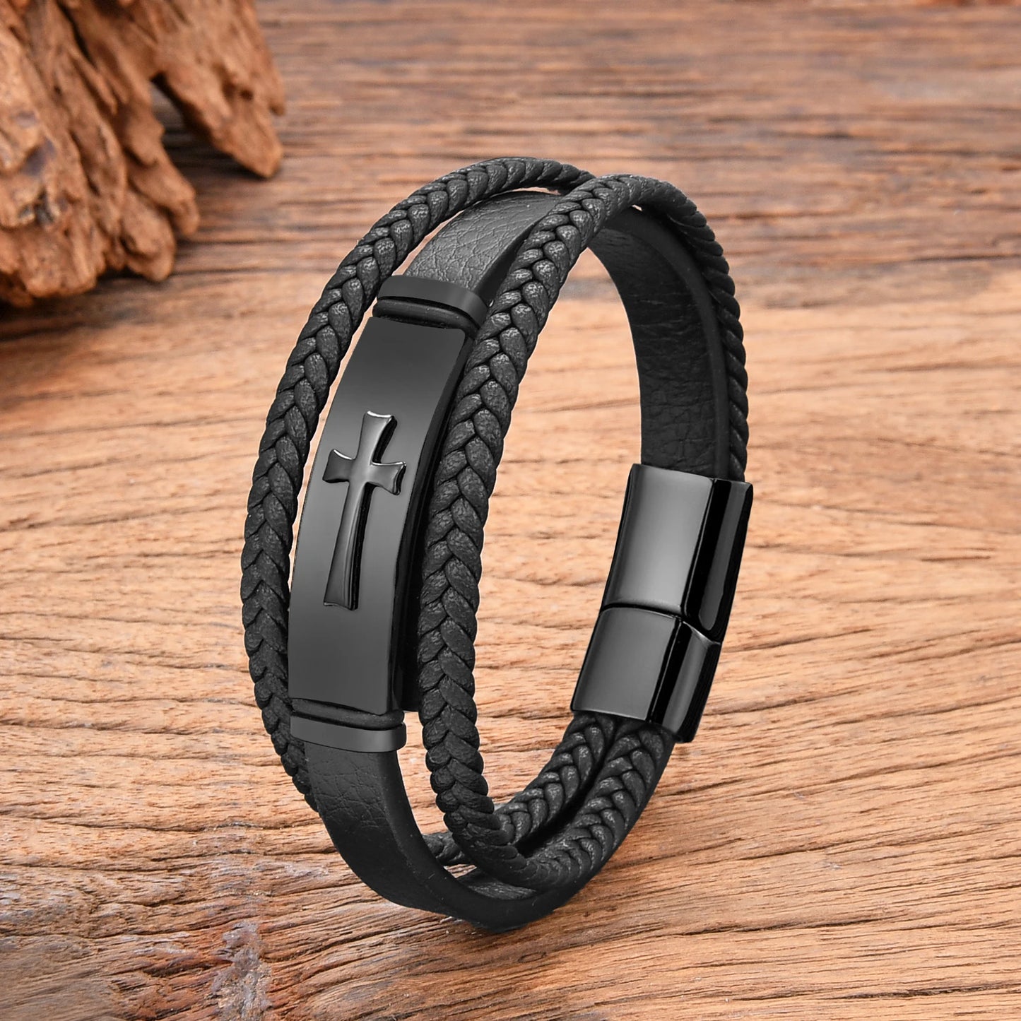 Black Leather and Stainless Steel Cross Bracelet
