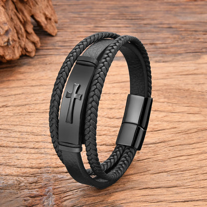 Black Leather and Stainless Steel Cross Bracelet