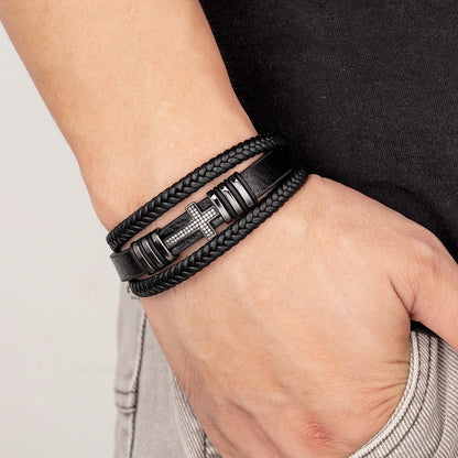 Multilayer Men's Leather and CZ Bracelet with Cross