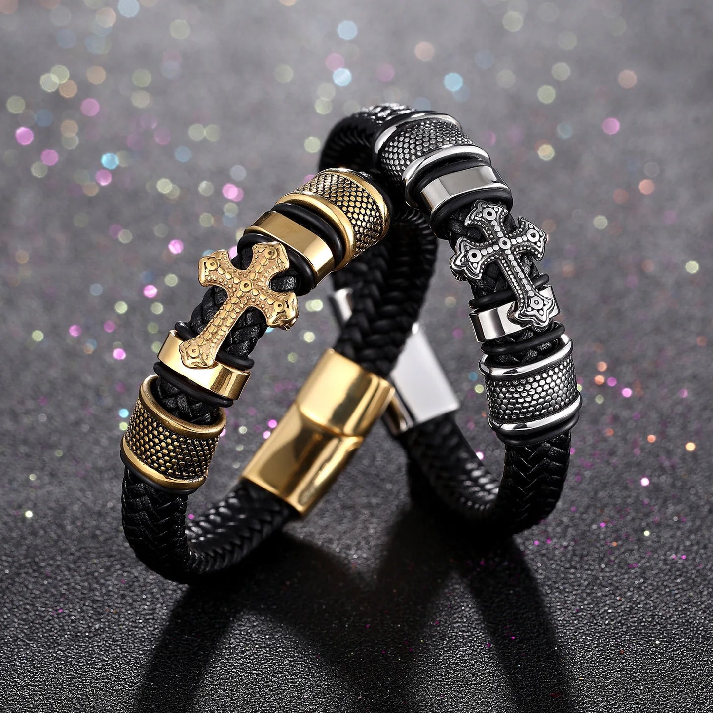 Men's Leather Weave Bracelet - Cross