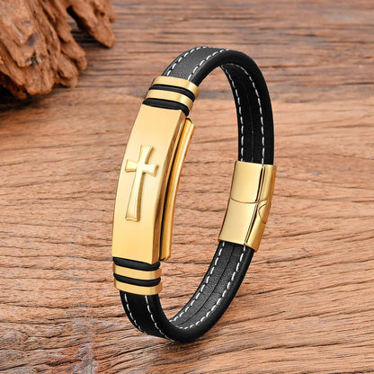 Black Leather and Stainless Steel Cross Bracelet