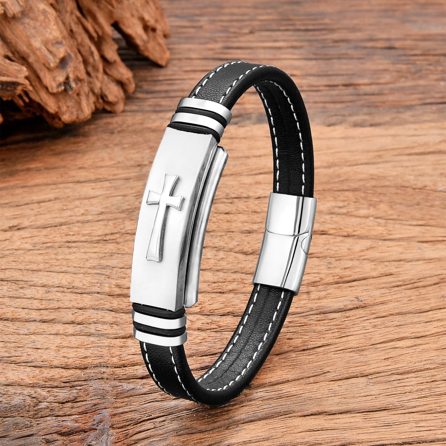 Black Leather and Stainless Steel Cross Bracelet