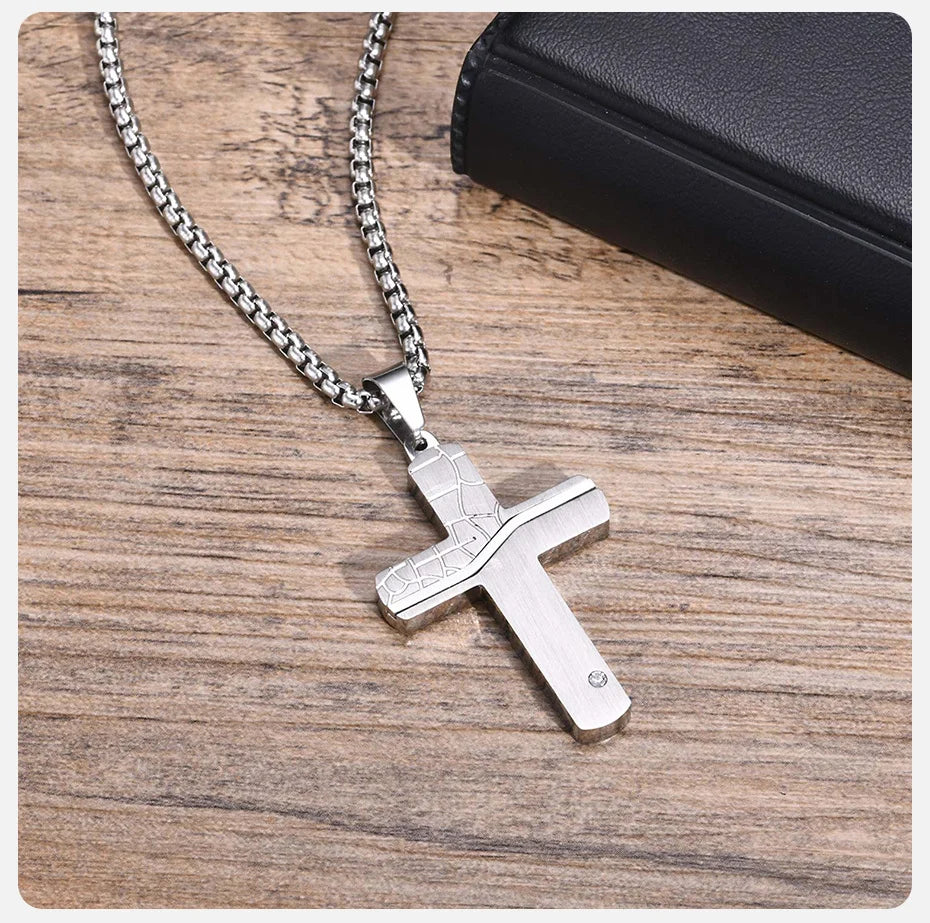 Textured Cross Pendant and Necklace with CZ stone