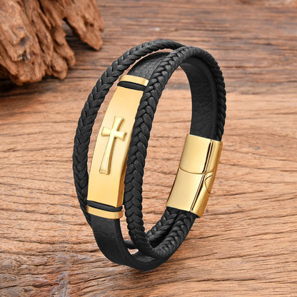 Black Leather and Stainless Steel Cross Bracelet