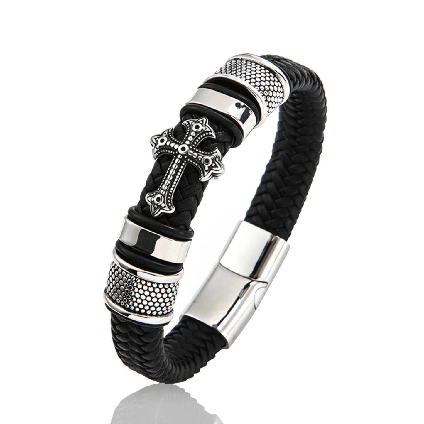 Men's Leather Weave Bracelet - Cross