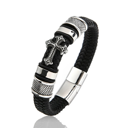 Men's Leather Weave Bracelet - Cross