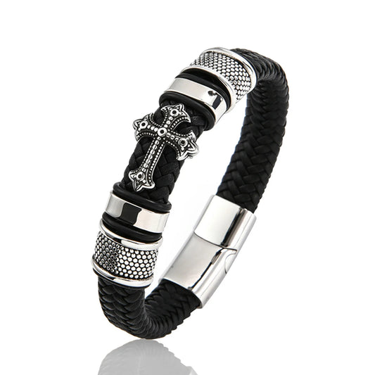 Men's Leather Weave Bracelet - Cross