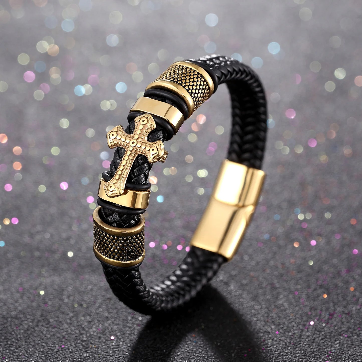 Men's Leather Weave Bracelet - Cross