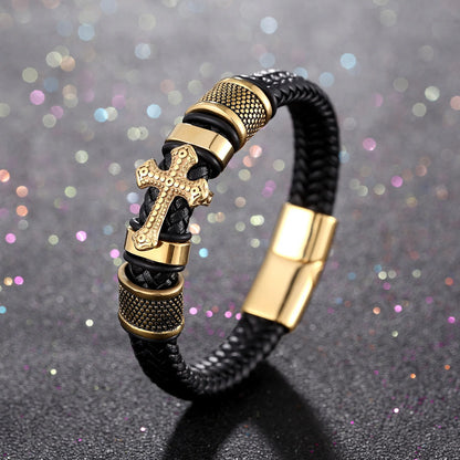 Men's Leather Weave Bracelet - Cross