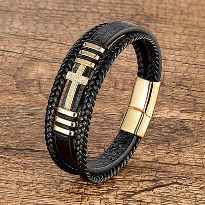 Multilayer Men's Leather and CZ Bracelet with Cross