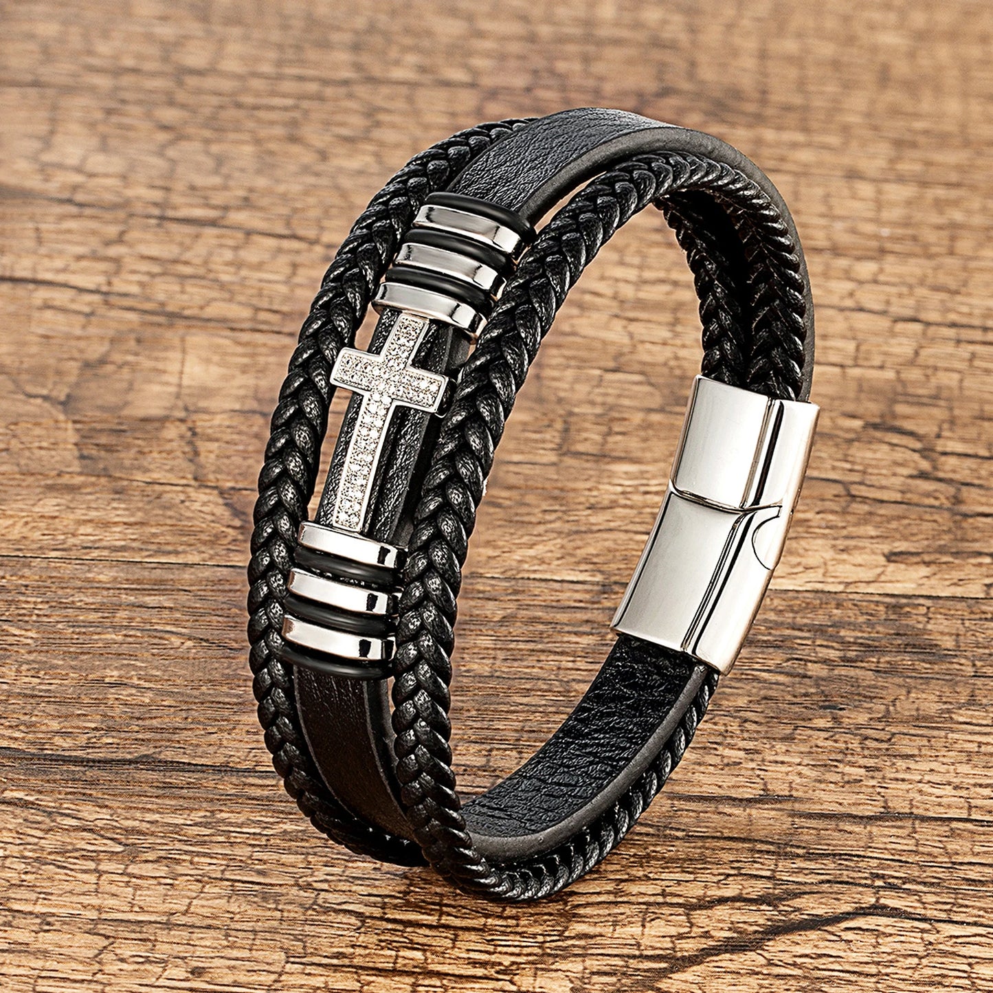 Multilayer Men's Leather and CZ Bracelet with Cross