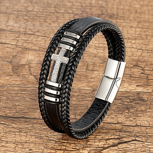 Multilayer Men's Leather and CZ Bracelet with Cross