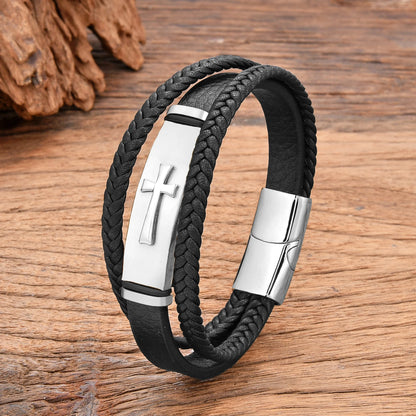 Black Leather and Stainless Steel Cross Bracelet