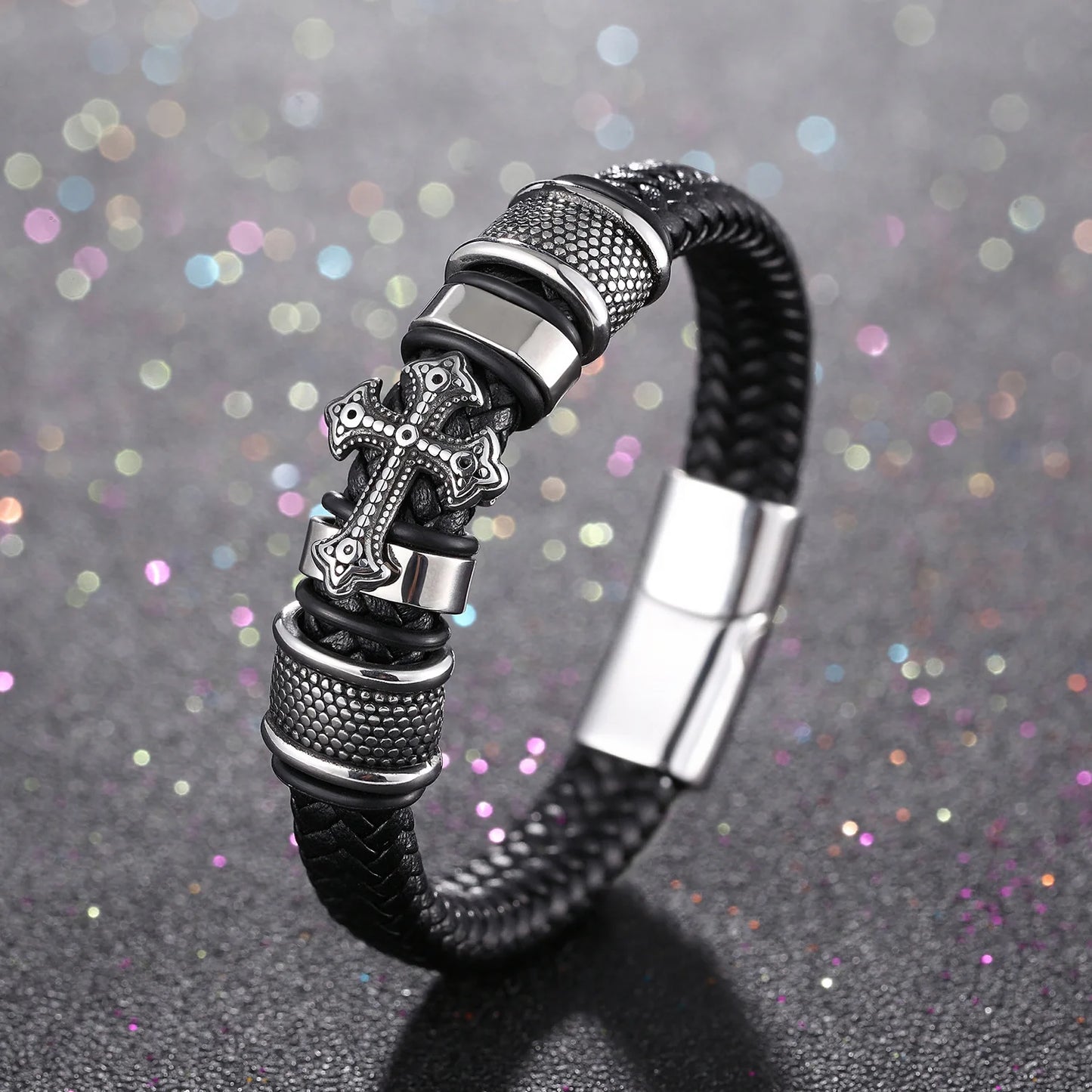 Men's Leather Weave Bracelet - Cross