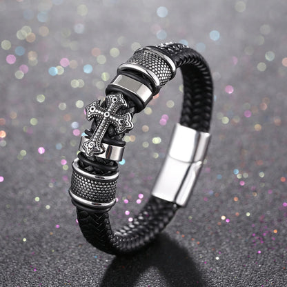 Men's Leather Weave Bracelet - Cross