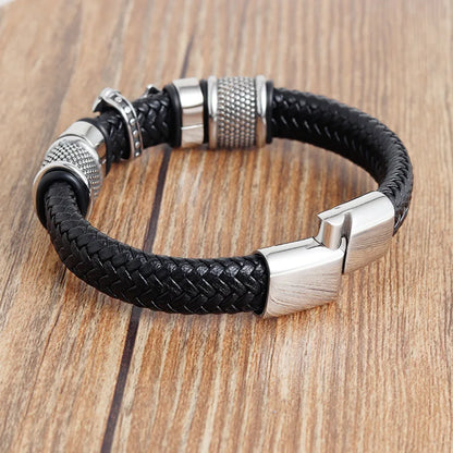 Men's Leather Weave Bracelet - Cross