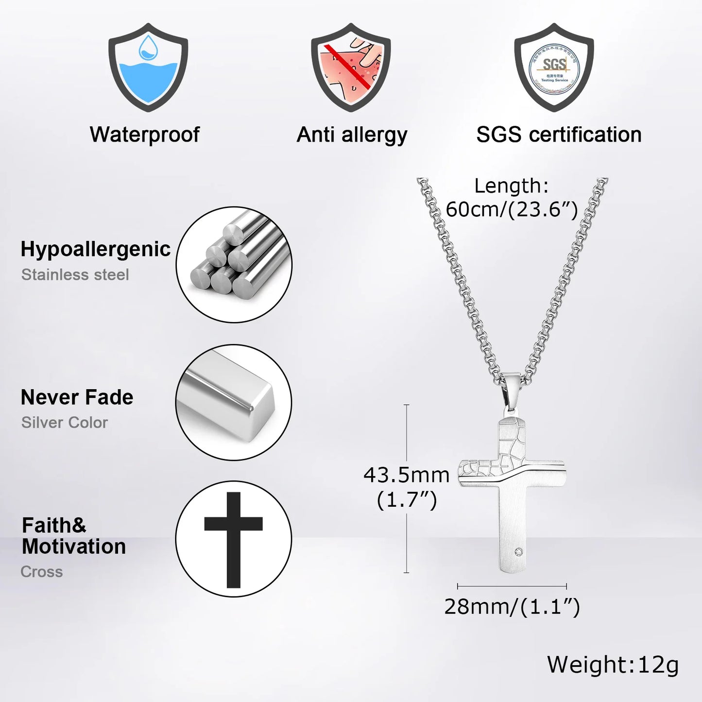 Textured Cross Pendant and Necklace with CZ stone