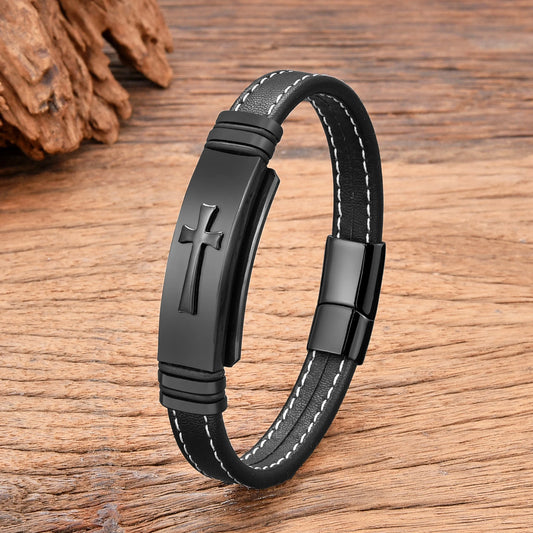 Black Leather and Stainless Steel Cross Bracelet