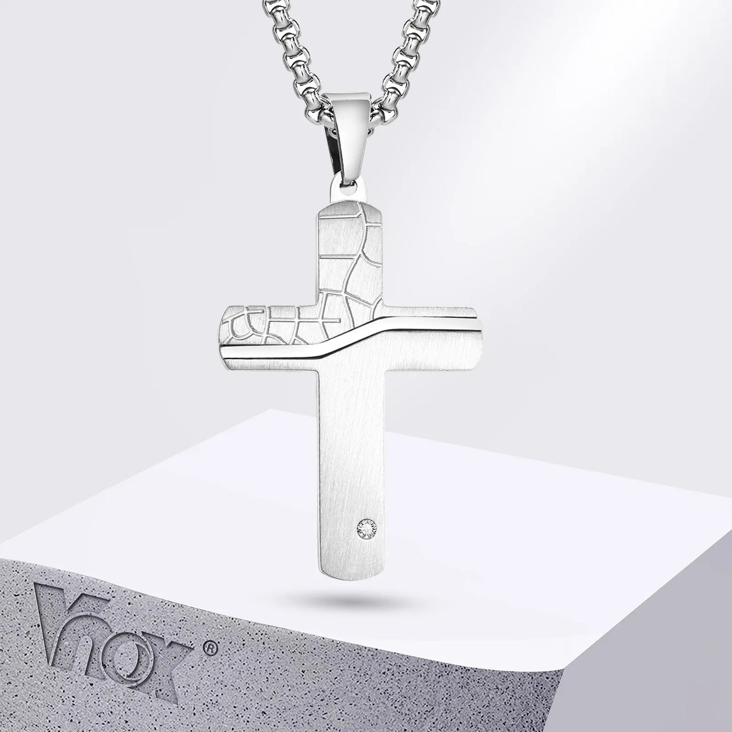 Textured Cross Pendant and Necklace with CZ stone